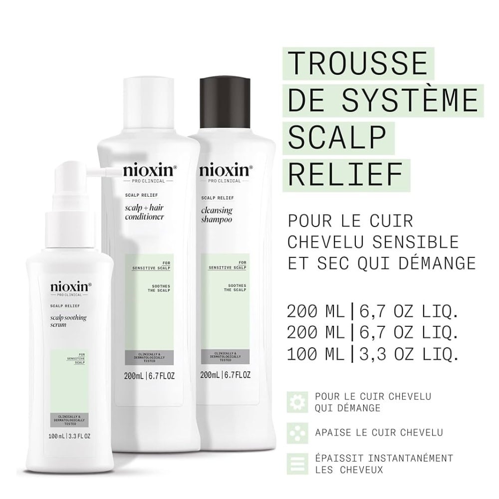 Trio apaisant shampoing, revitalisant et sérum sans rinçage cheveux + cuir chevelu Système "Scalp Relief" - Pour le cuir chevelu sensible, sec et qui démange (2x 200ml/6.76oz, 100ml/3.4oz)