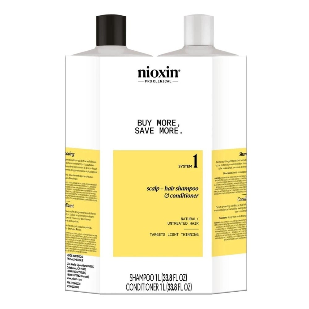 Duo shampoing et revitalisant cheveux + cuir chevelu Système 1 - Pour cheveux naturels avec chute modérée (2x 1000ml/33.8oz)
