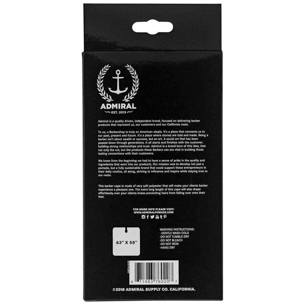 Amiral Pomade Barber Cape elastic neck & metal hook (140cm/55" x 160cm/63") - Black