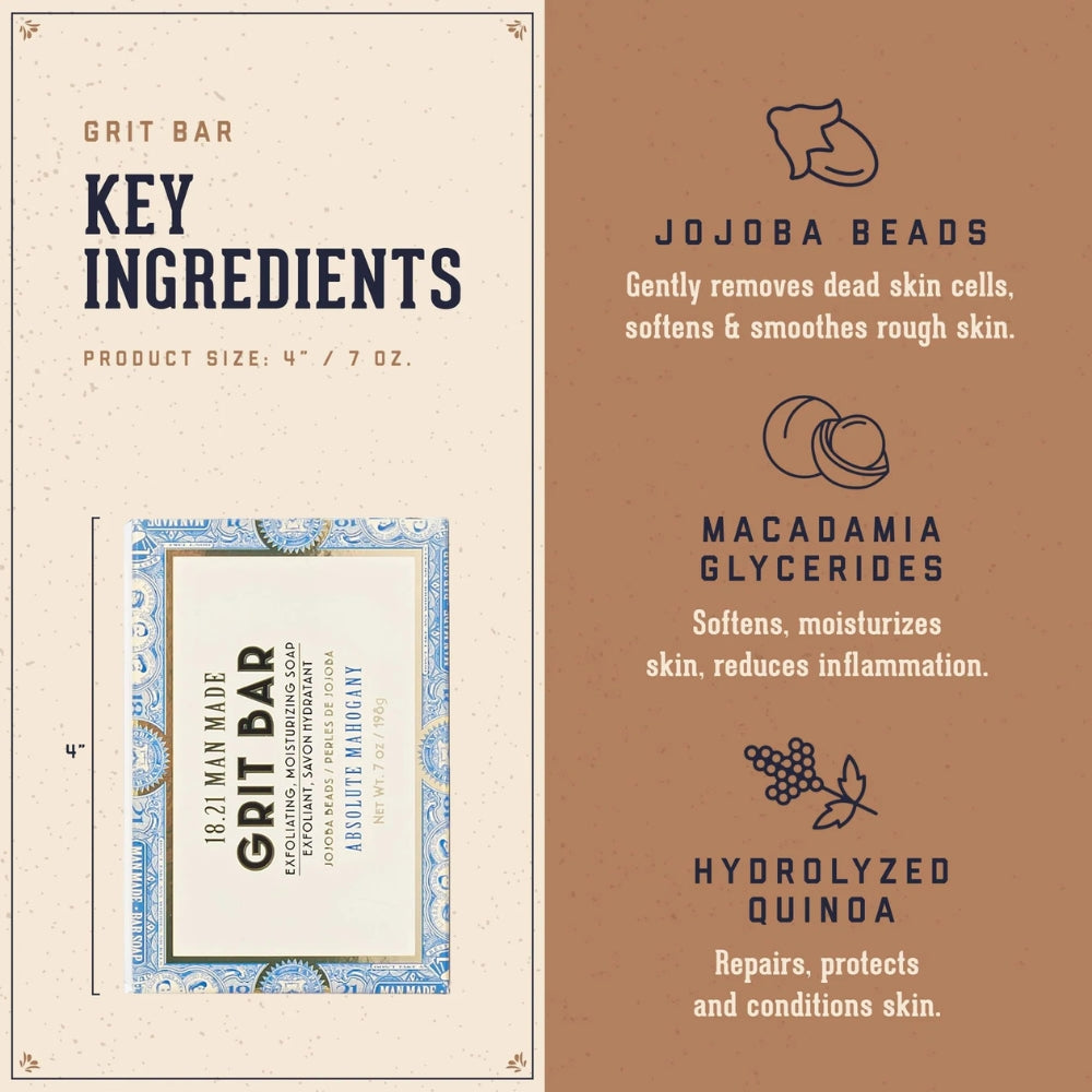 18.21 Man Made - Savon en bar "Absolute Mahogany Grit Bar Perles de Jojoba" savon exfoliant et hydratant (198g/7.0oz)