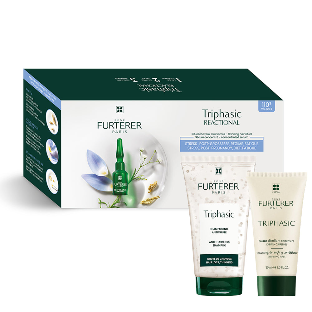 Cure antichute réactionnelle "Triphasic Reational" ampoules + shampoing et baume démêlant (12x5.0ml/0.16oz, 50ml/1.69oz, 30ml/1.0oz)