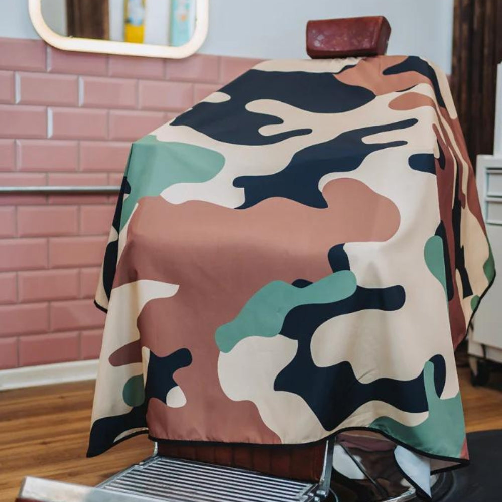 Cape de barbier "Camo" col en lycra extensible et fermetures à boutons-pression (140cm/55" x 160cm/63") - Noir et Beige