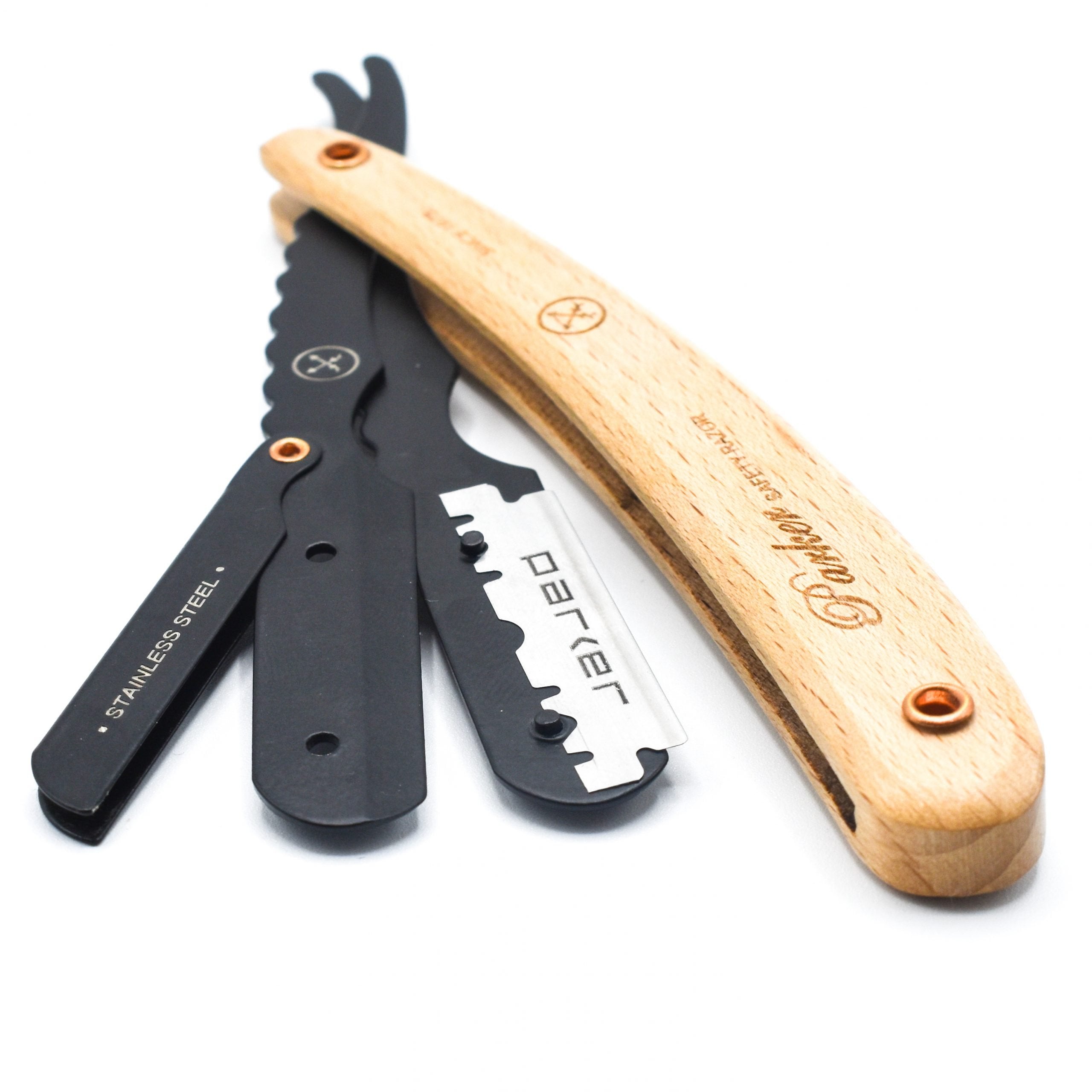 Rasoir de barbier à lame droite SRP avec système de clip - Bois de Pin