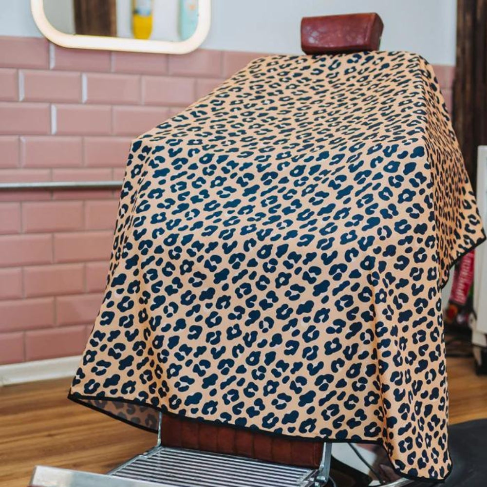 Cape de barbier "Leopard" col en lycra extensible et fermetures à boutons-pression (140cm/55" x 160cm/63") - Noir et beige