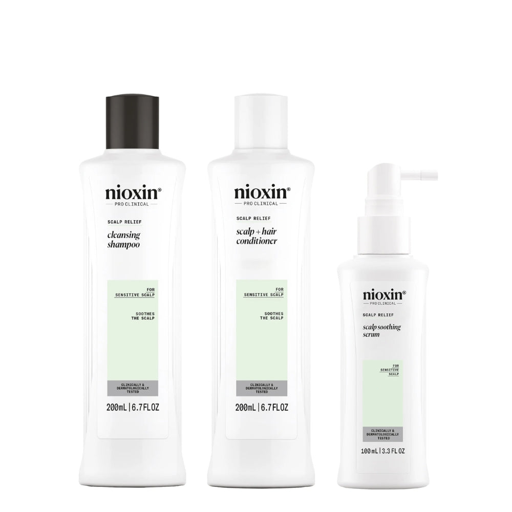 Trio apaisant shampoing, revitalisant et sérum sans rinçage cheveux + cuir chevelu Système "Scalp Relief" - Pour le cuir chevelu sensible, sec et qui démange (2x 200ml/6.76oz, 100ml/3.4oz)
