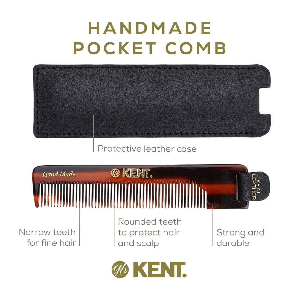 KENT. - Peigne de poche avec étui de cuir - Pour cheveux fins (112mm/4.4") - Nu 22 Case