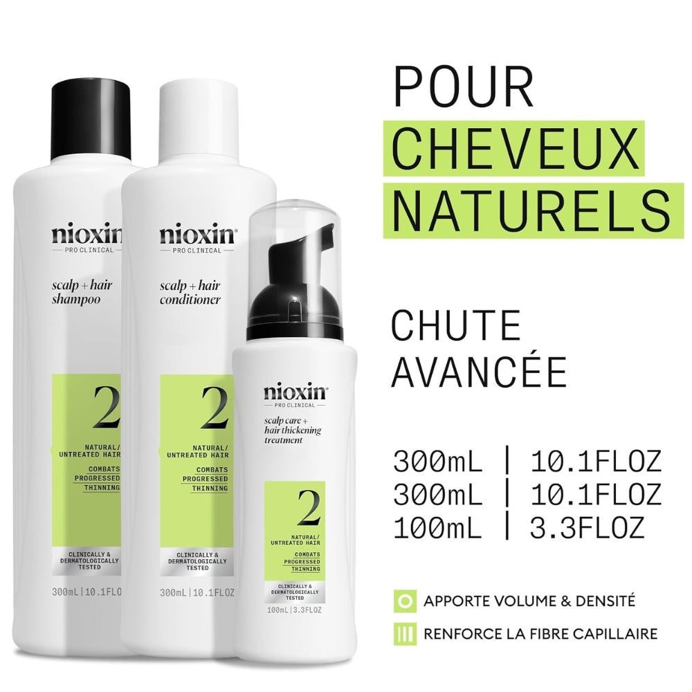 Trio shampoing, revitalisant et traitement cheveux + cuir chevelu Système 2 - Pour cheveux naturels avec chute avancé (2x 300ml/10.1oz, 1x 100ml/3.38oz)
