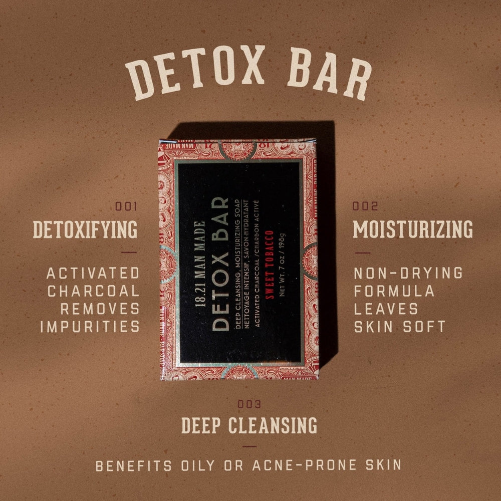 18.21 Man Made - Savon en bar "Sweet Tobacco Detox Bar Activated Charcoal" nettoyant intensif, savon hydratant (198g/7.0oz)
