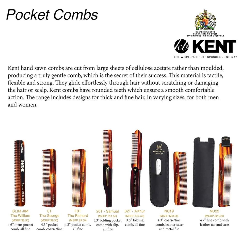 KENT. - Peigne de poche avec étui de cuir - Pour cheveux fins (112mm/4.4") - Nu 22 Case