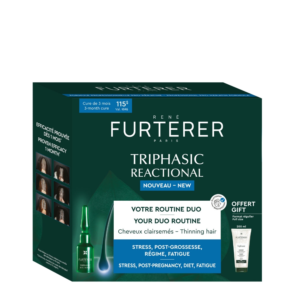 Cure antichute réactionnelle "Triphasic Reactional" ampoules + shampoing épaississant - Stress, post-grossesse, régime, fatigue (12x5.0ml/0.16oz, 200ml/6.7oz)