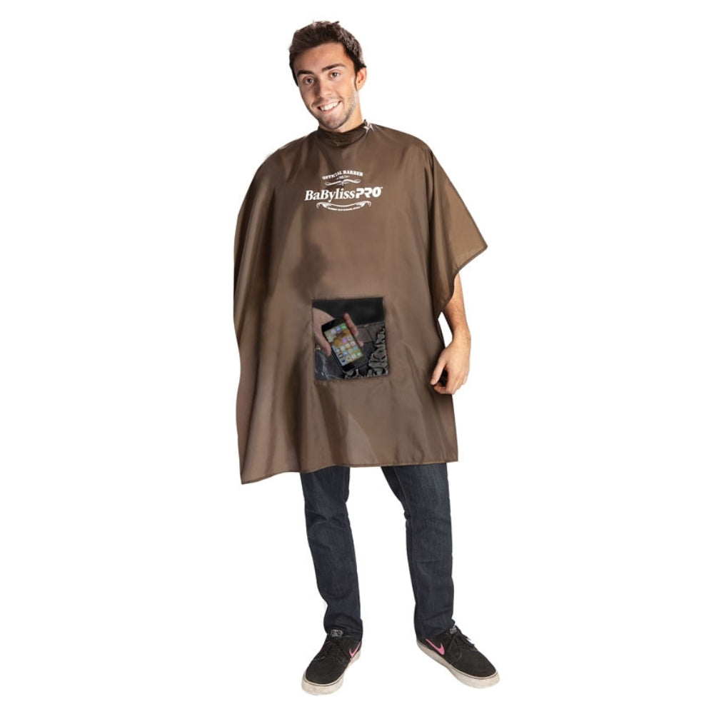 BaByliss PRO - Cape de coupe en nylon "Smart" avec logo barbier - Avec fenêtre transparente (112cm/44" x 147cm/58") - Brun